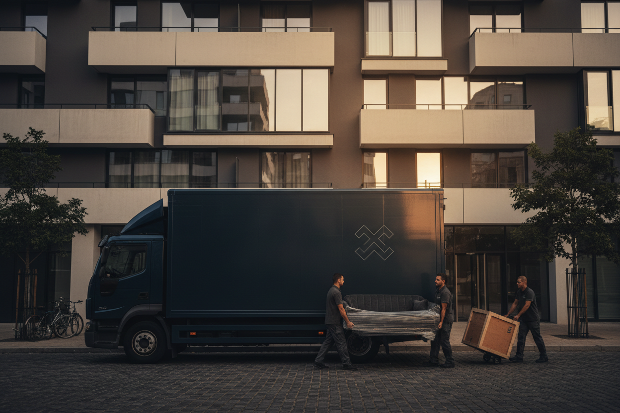 Camion de déménagement professionnel transport2pro devant un immeuble