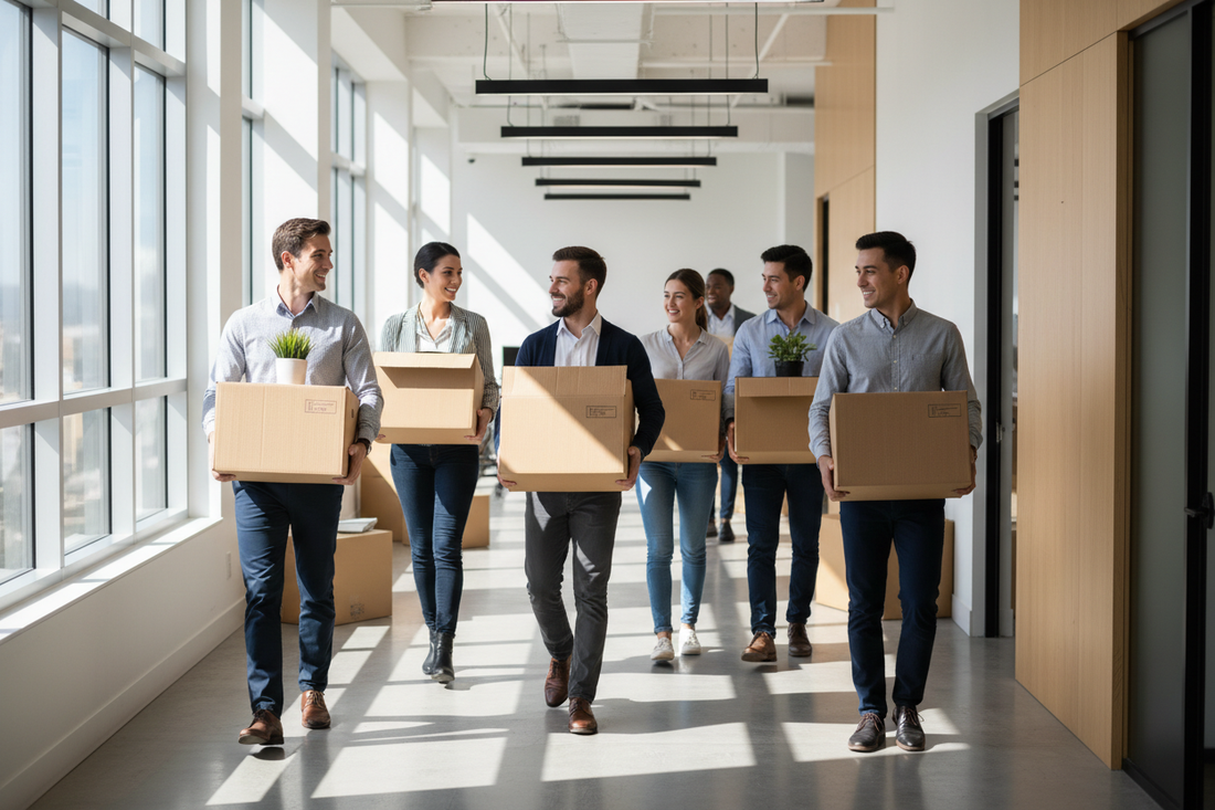 Employés déménageant leurs bureaux avec des cartons — transport2pro