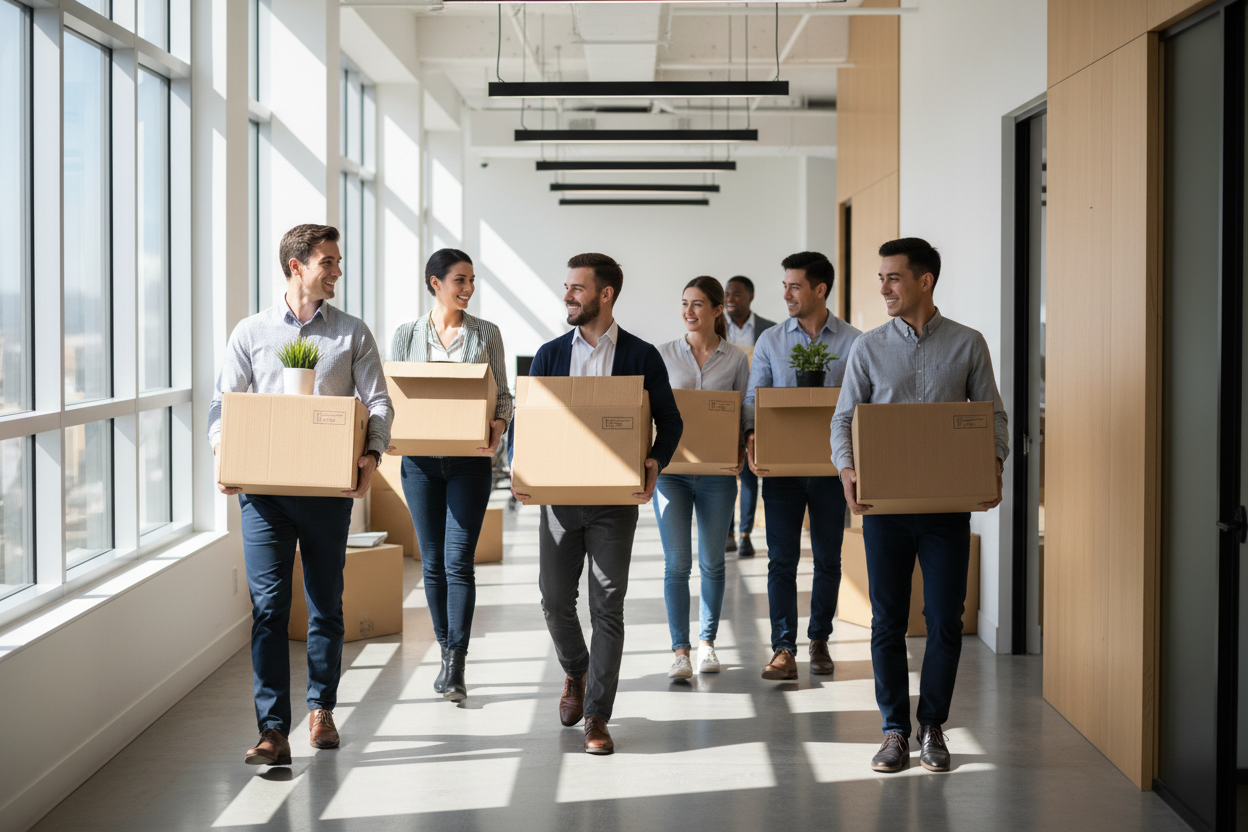 Employés déménageant leurs bureaux avec des cartons — transport2pro