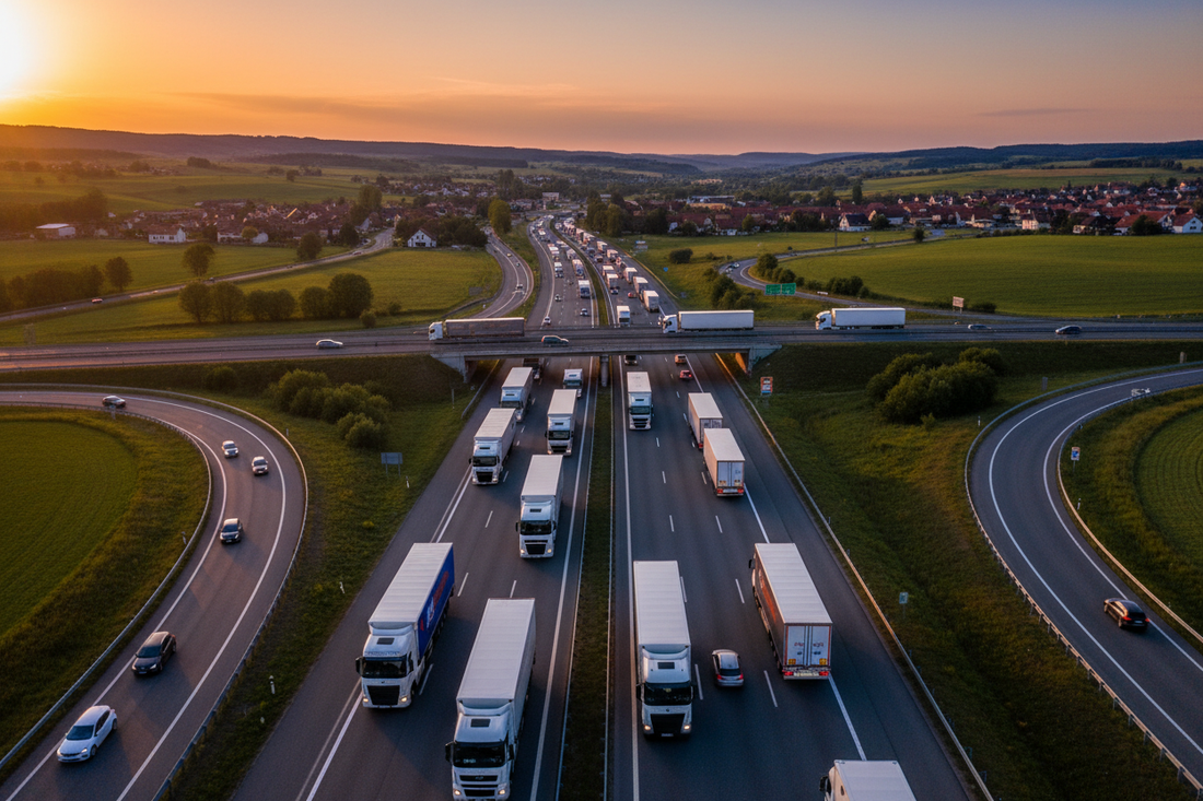 Autoroute européenne avec camions de fret au coucher du soleil — transport2pro